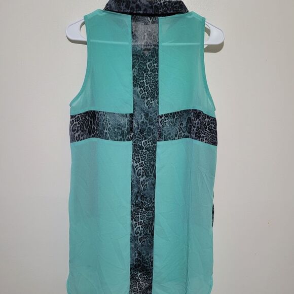 Sleeveless Teal and Black Leopard Print Sheer Women's Top - Picture 2 of 4